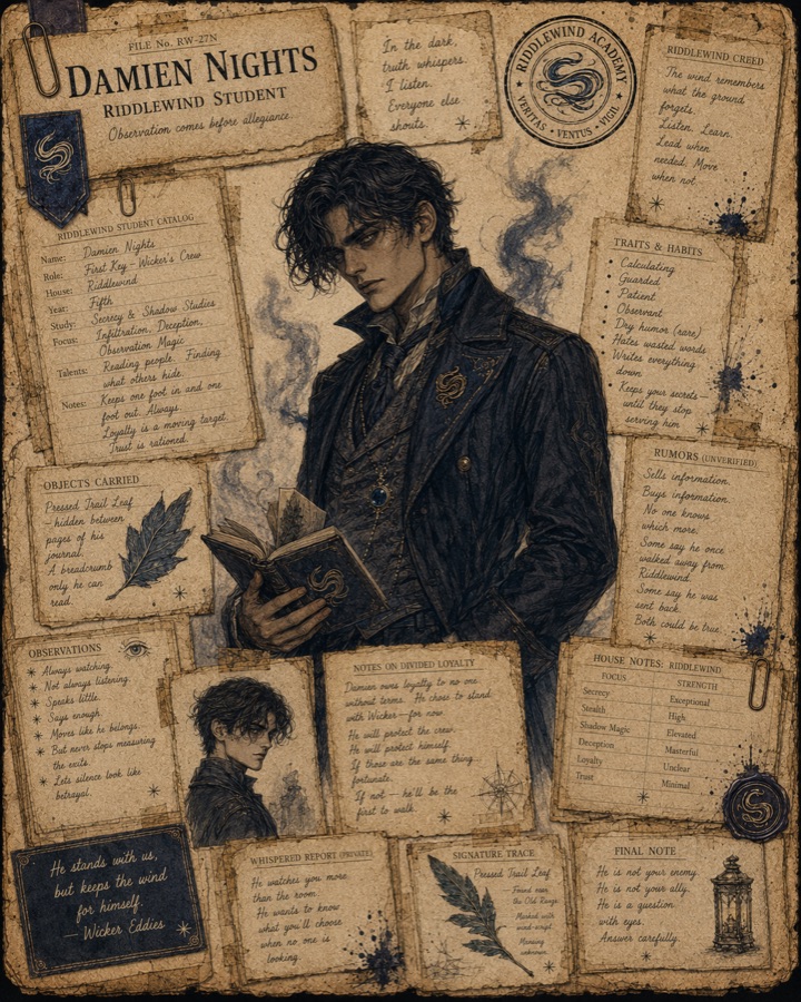 Illustrated dossier of Damien Nights, Riddlewind shadow-worker