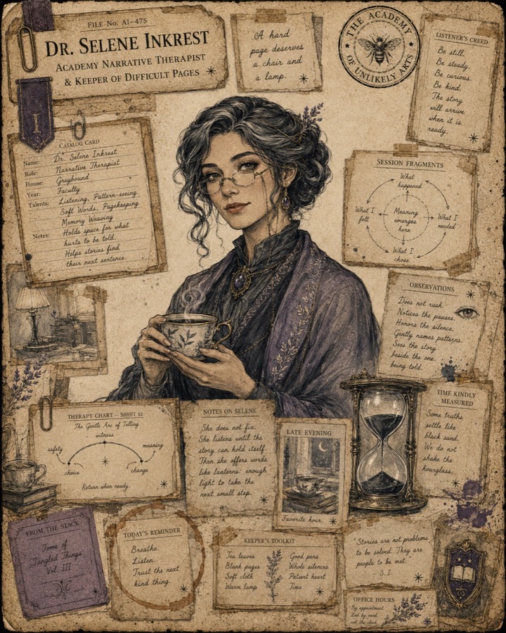 Illustrated dossier of Dr. Selene Inkrest, Academy narrative therapist