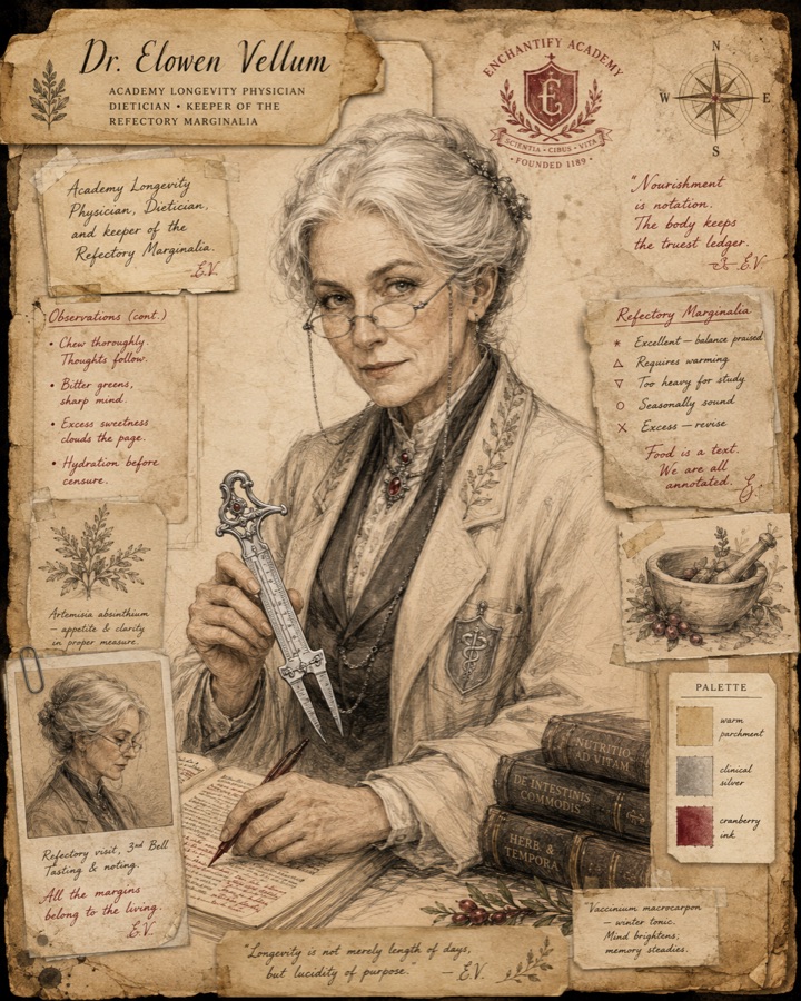Illustrated dossier of Dr. Elowen Vellum, Academy Longevity Physician