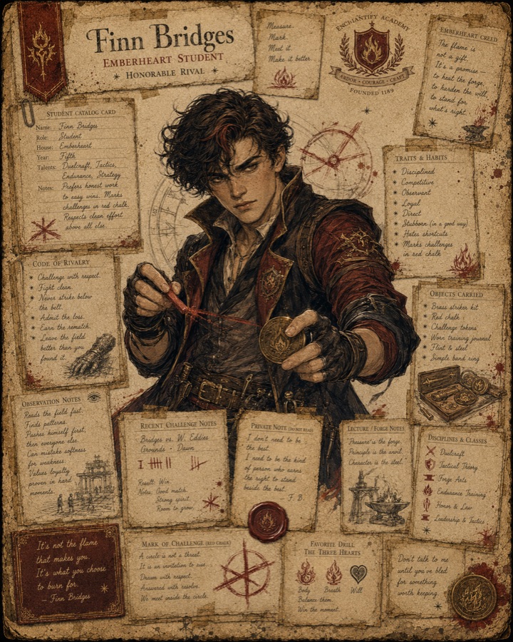 Illustrated dossier of Finn Bridges, Emberheart rival