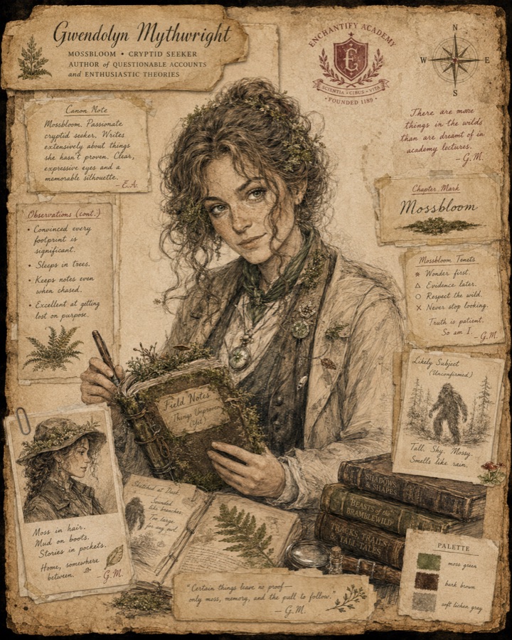 Illustrated dossier of Gwendolyn Mythwright, cryptid researcher