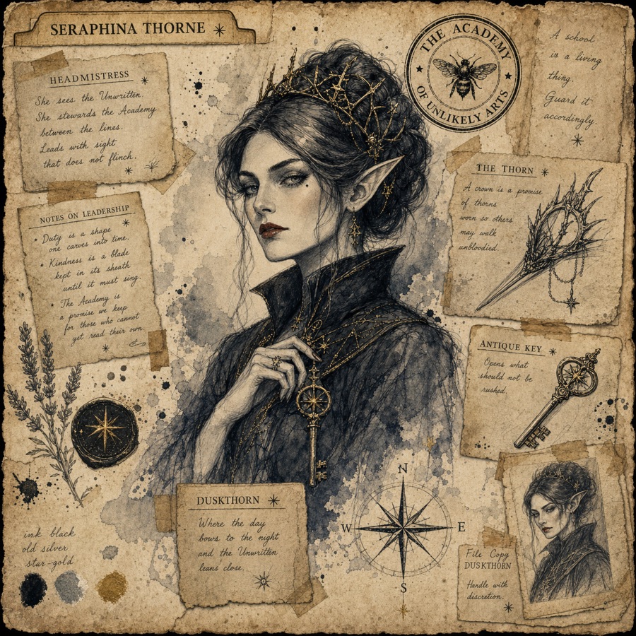 Illustrated dossier of Headmistress Seraphina Thorne