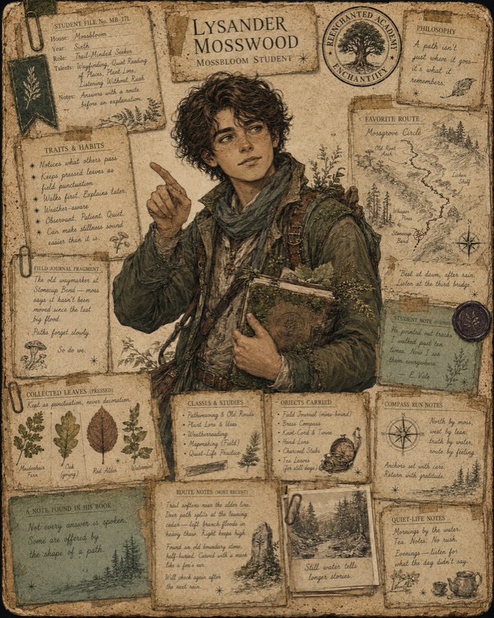 Illustrated dossier of Lysander Mosswood, Mossbloom naturalist