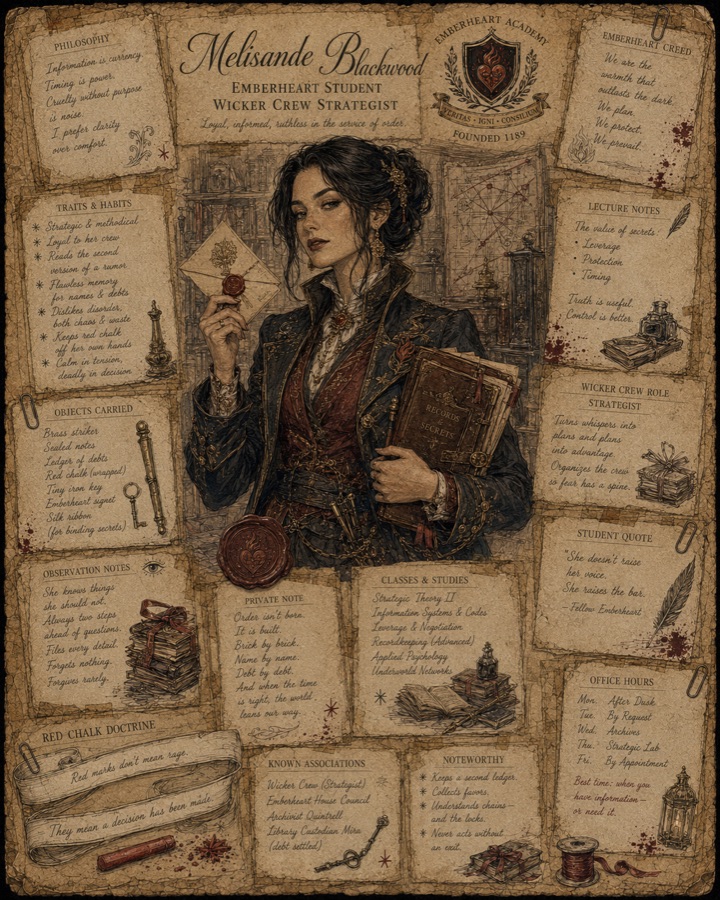 Illustrated dossier of Melisande Blackwood
