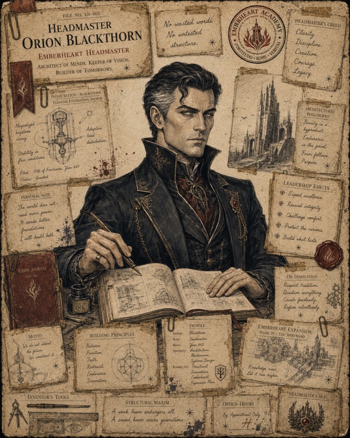 Illustrated dossier of Headmaster Orion Blackthorn