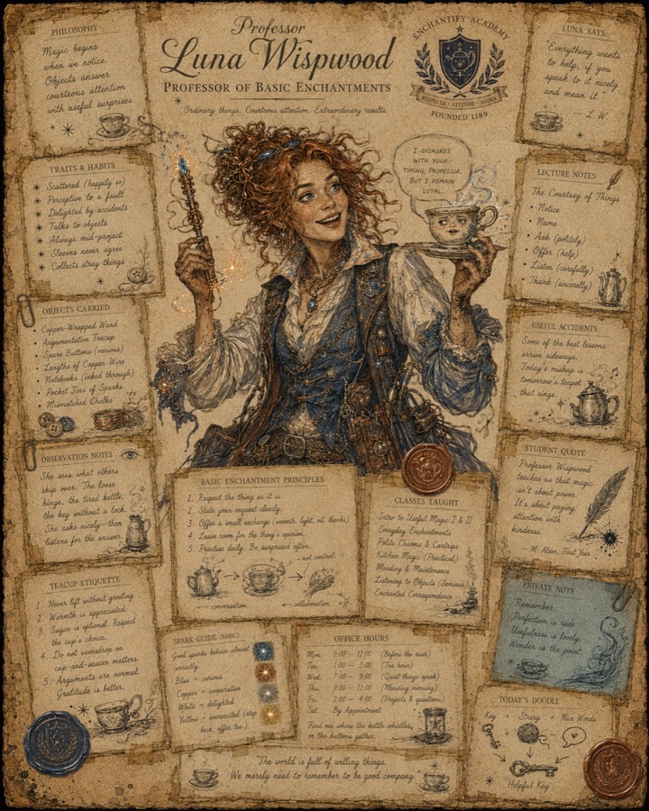 Illustrated dossier of Professor Luna Wispwood