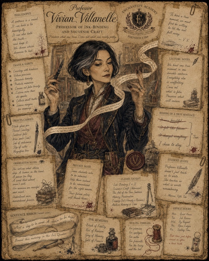 Illustrated dossier of Professor Vivian Villanelle