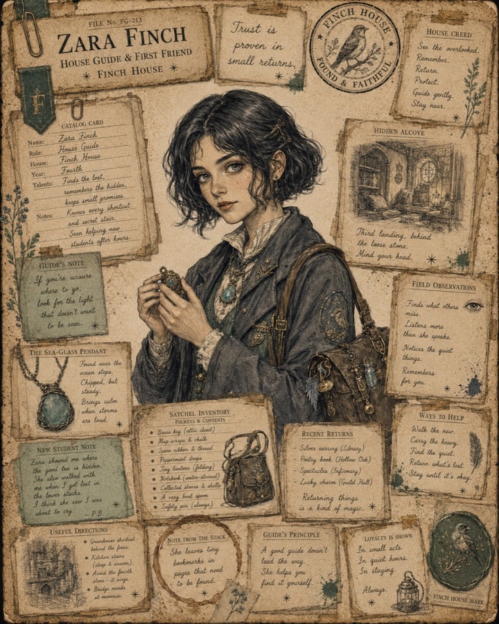 Illustrated dossier of Zara Finch