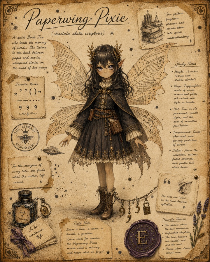 Illustrated dossier of the Book Sprite, a Paperwing Book Fae