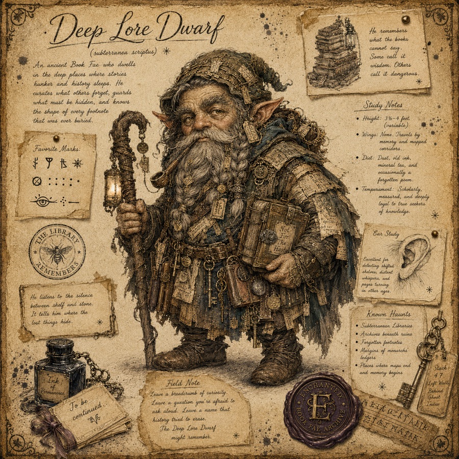 Illustrated dossier of the Deep Lore Dwarf Book Fae