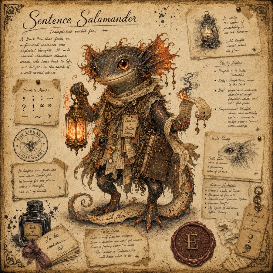 Illustrated dossier of the Sentence Salamander Book Fae