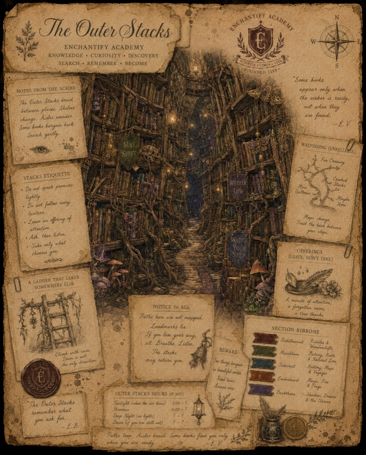 Illustrated dossier of the Outer Stacks, the faerie realm of ReEnchanted