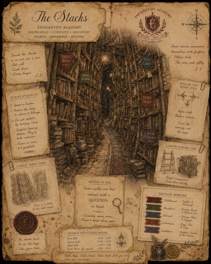 Illustrated dossier of the Stacks, the Academy's living library