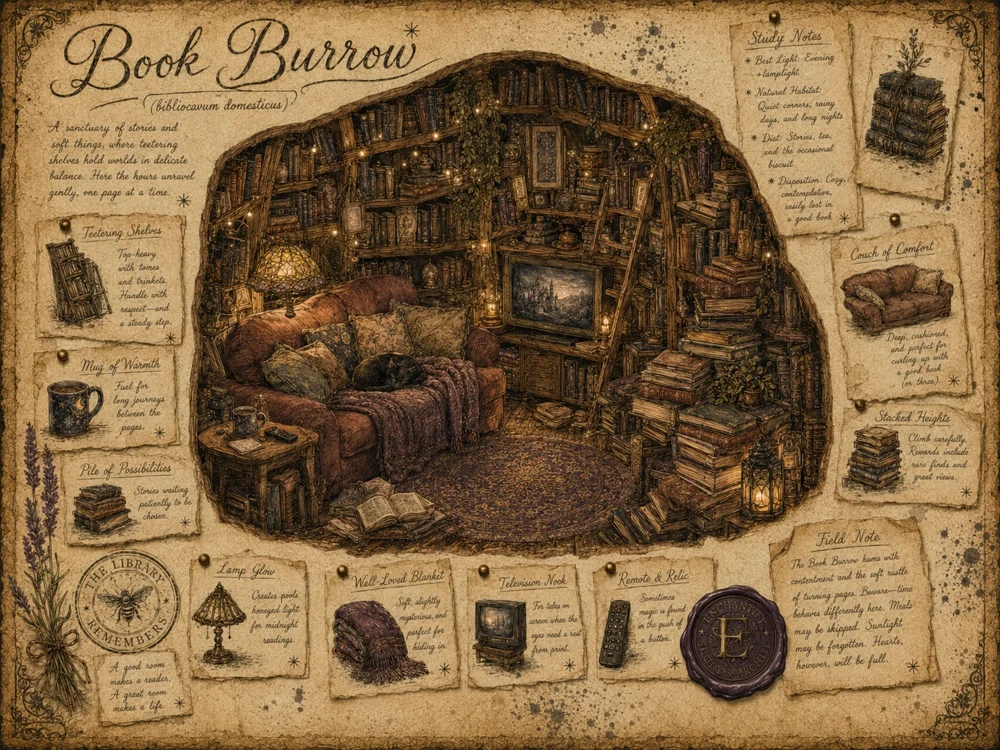 The Book Burrow, a quiet room of books, lamplight, and sleeping cats