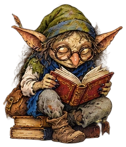 A small goblin reading a red book