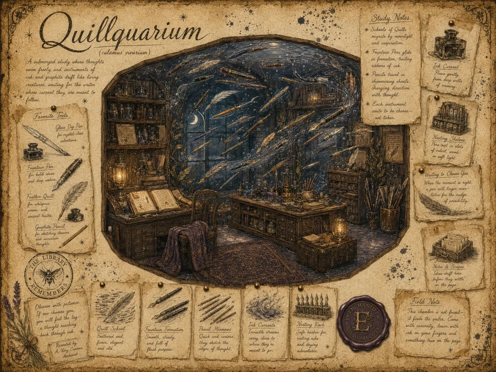 The Quillquarium, a submerged study where pens swim like living creatures