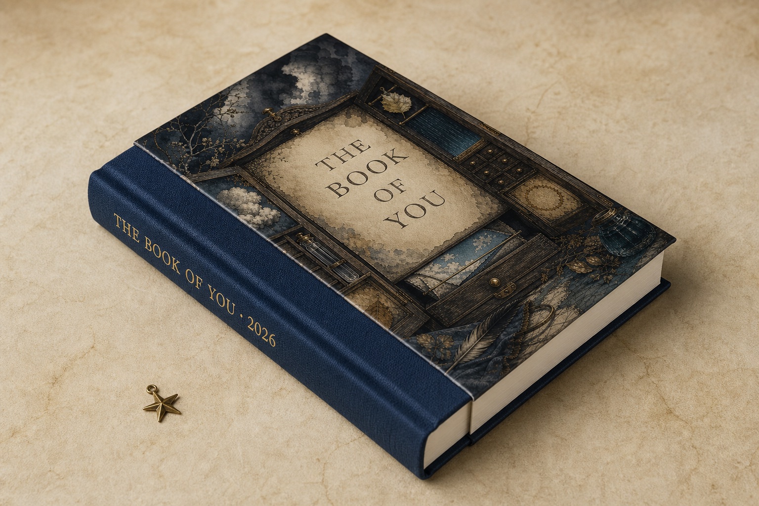 A navy cloth annual hardcover with gold spine foil and a printed Weather Cabinet dust jacket