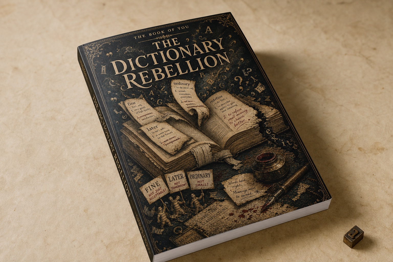 A slim 6 by 9 perfect-bound monthly softcover titled The Dictionary Rebellion