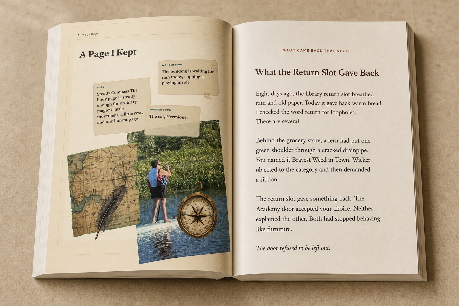 A realistic open 6 by 9 perfect-bound monthly edition. The left page holds a scrapbook Page with a paddleboard photograph, map, feather and compass; the right page prints the nightly braid What the Return Slot Gave Back.