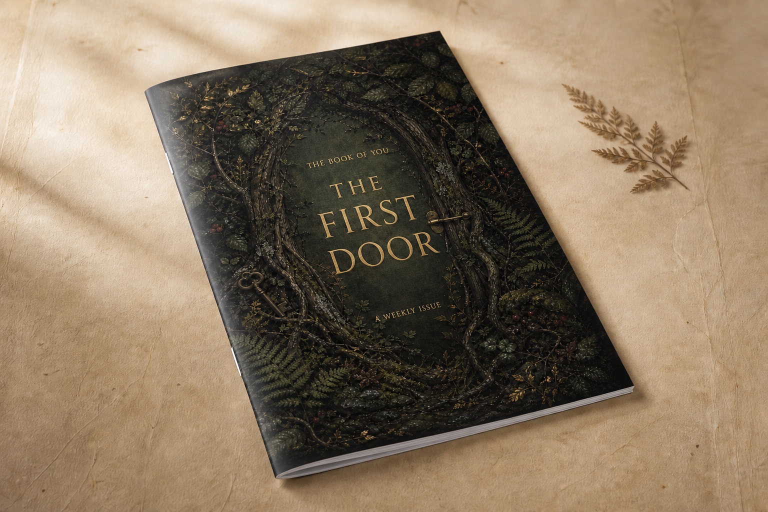 A thin 6 by 9 saddle-stitched weekly issue titled The First Door, with its folded edge and staples visible