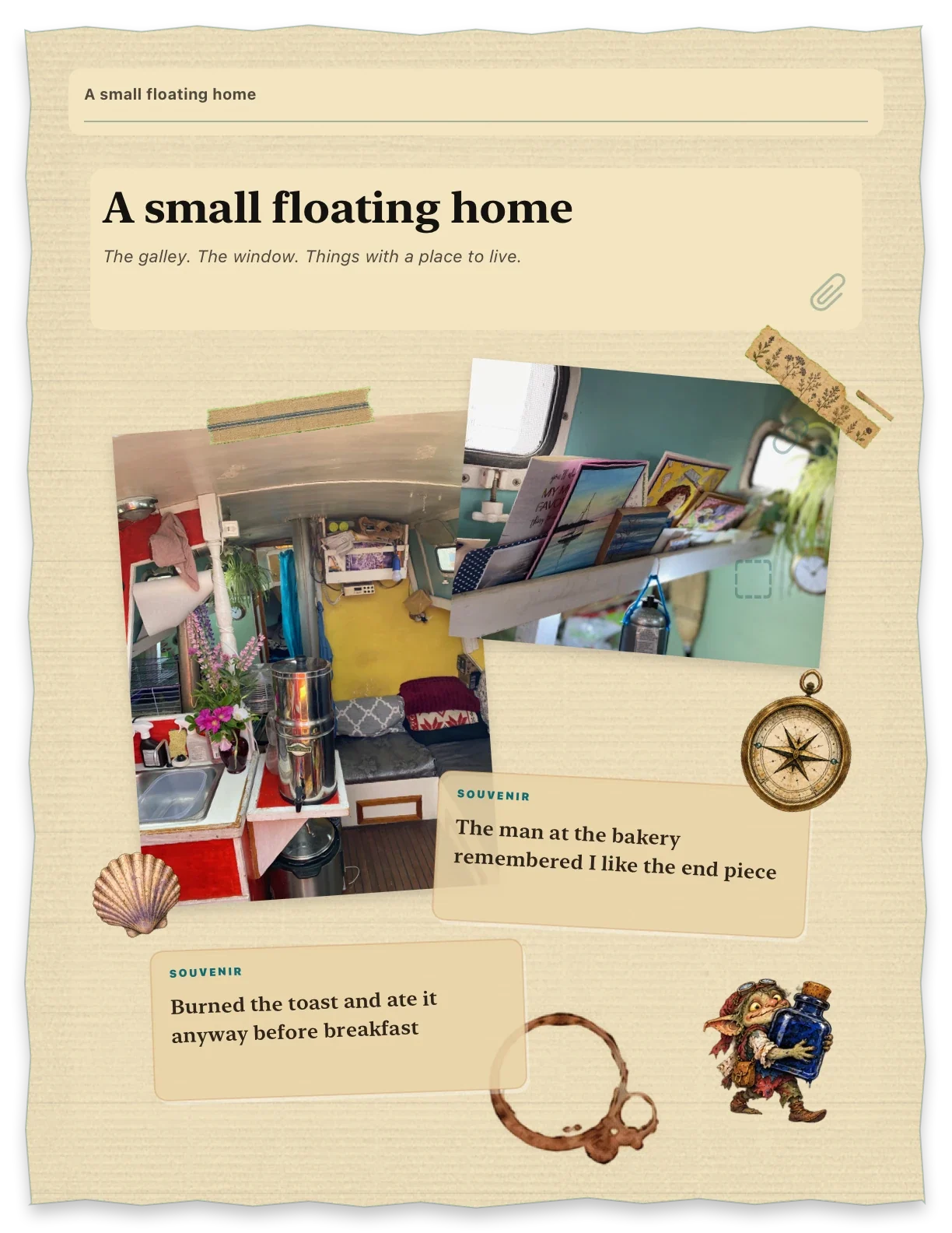 A small floating home: an actual Pagewright export with two boat-interior photographs, a kept souvenir, a compass and a shell on torn paper