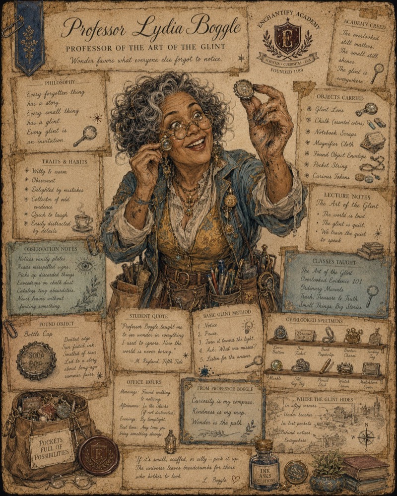 An illustrated dossier of Professor Lydia Boggle from inside ReEnchanted's Academy