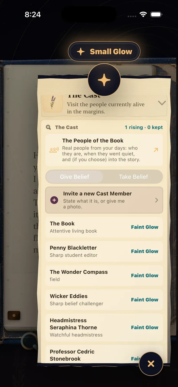 The current Cast menu, with Give Belief and Take Belief