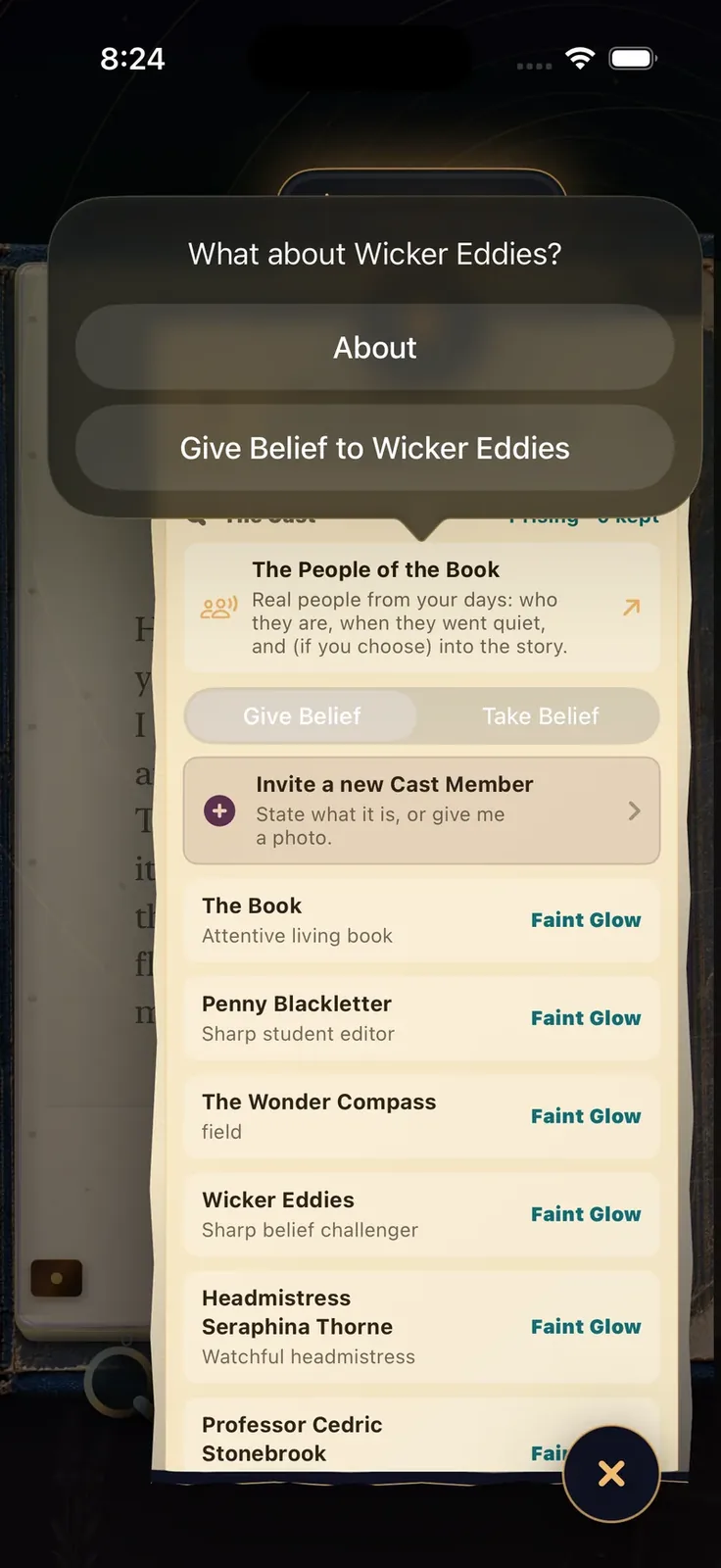 The current Wicker Eddies menu, offering About and Give Belief