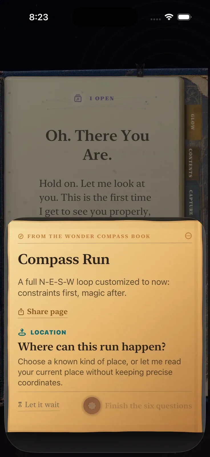 A Compass Run opening on the current Book, asking where the run can happen