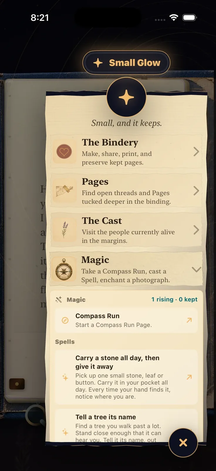 The current Glow menu, with Magic, Compass Run and Spells on parchment