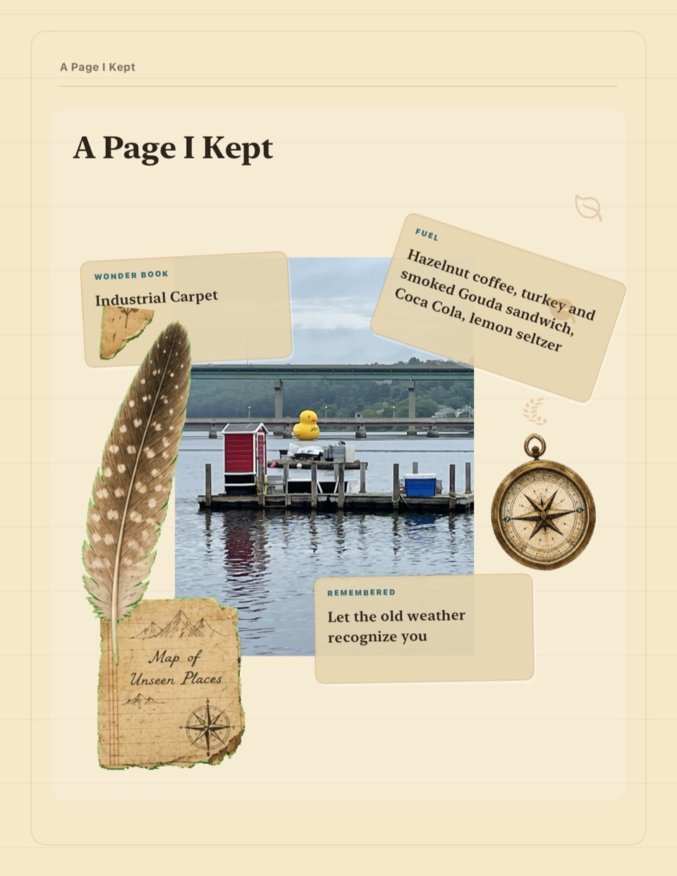 A finished cream scrapbook Page combining a personal waterside photograph, kept Page scraps, a feather, a compass, and paper ephemera