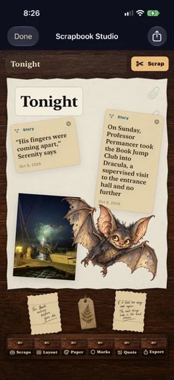The Pagewright Scrapbook Studio on a wooden desk: a Page titled Tonight with two Story scraps, a photograph of fireworks over a harbour, and a bat cut-out, with paper scraps and a tool drawer below