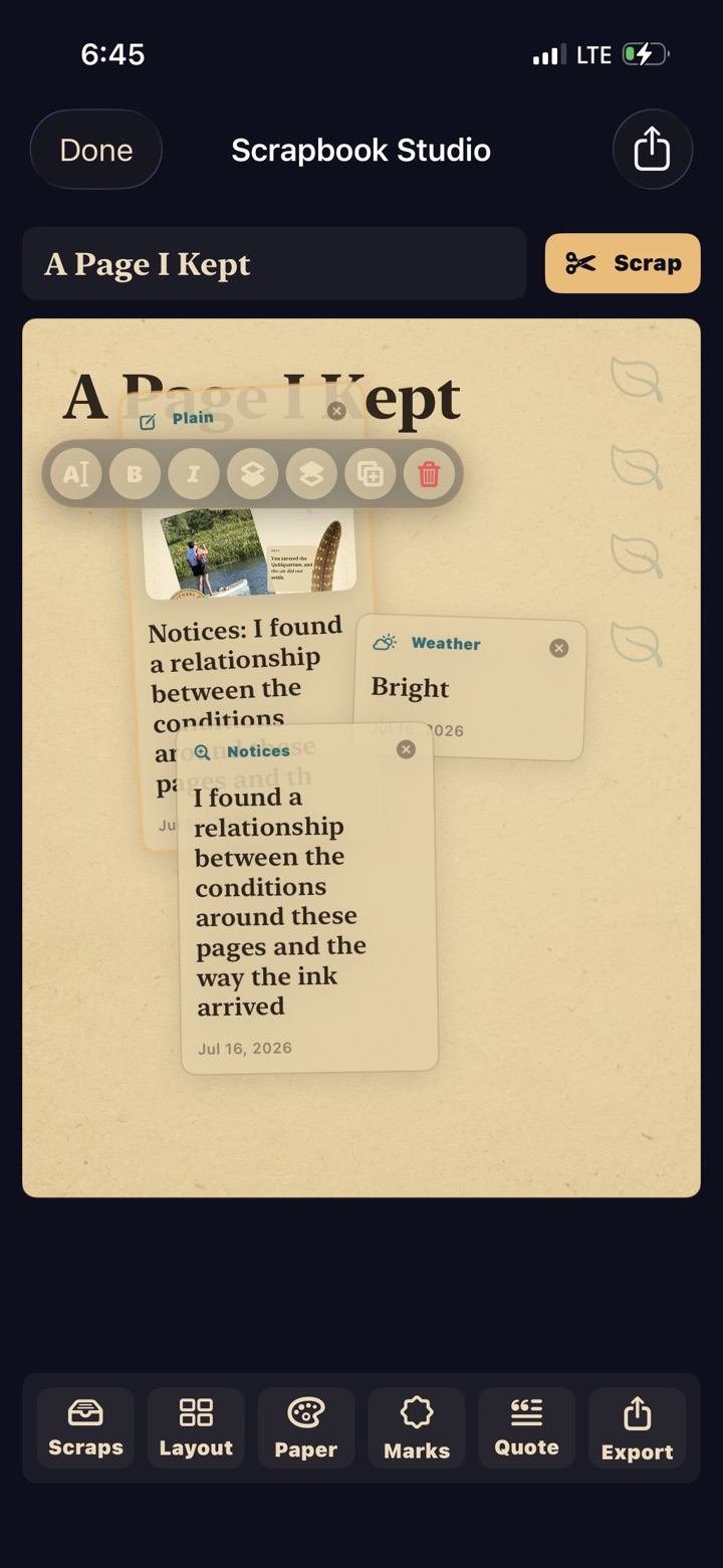 The Pagewright Scrapbook Studio with movable Page scraps and controls for layout, paper, marks, quotes, and export