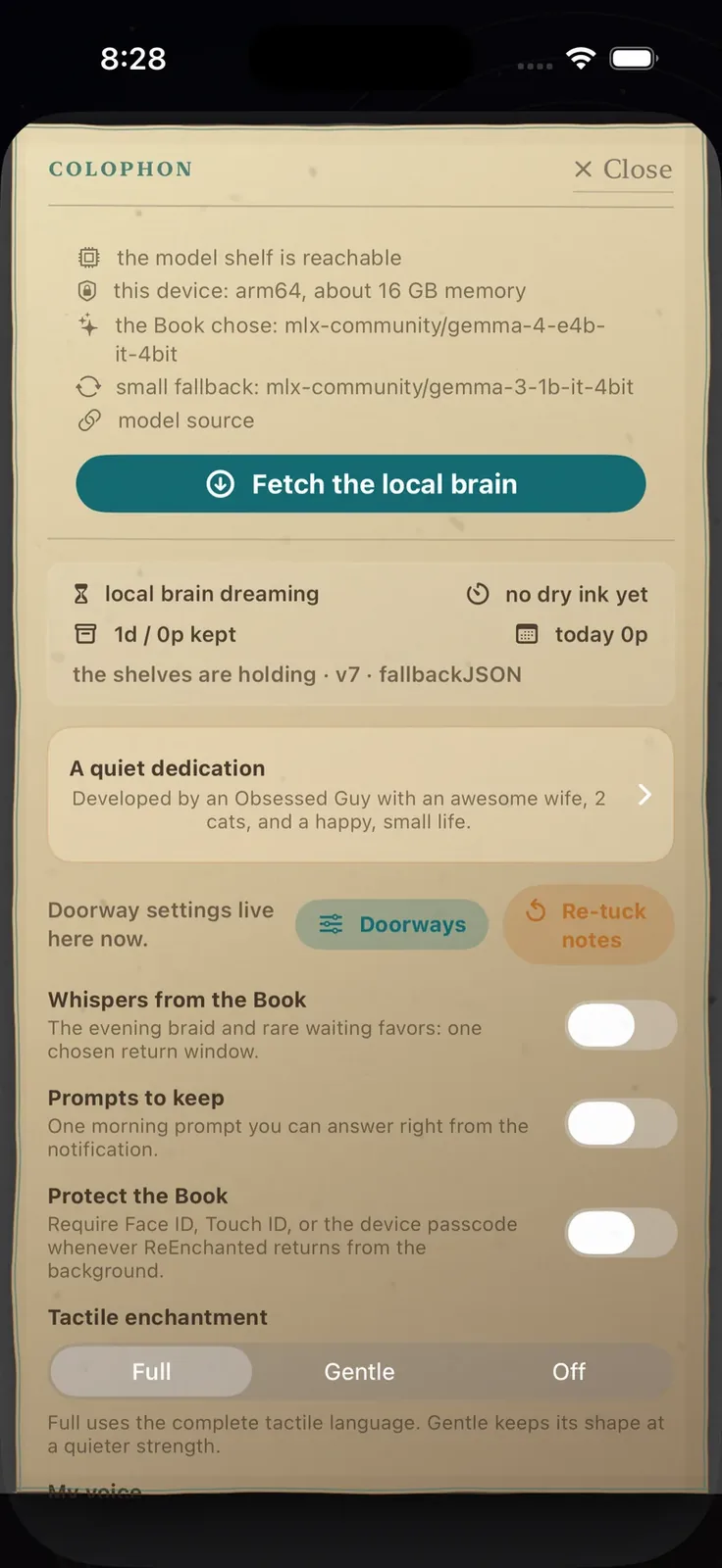 Current Colophon settings for the local brain, notifications and protecting the Book