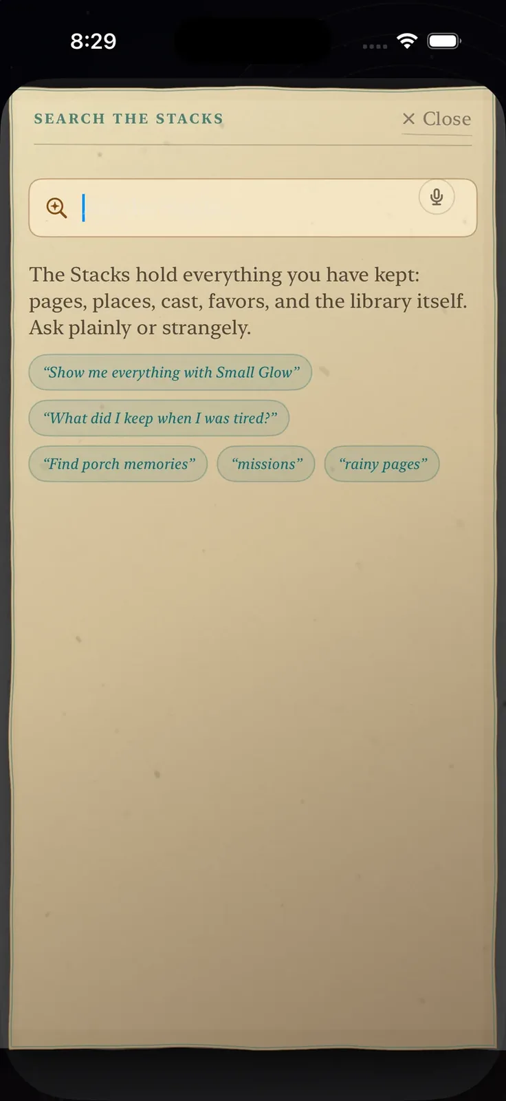 Search the Stacks in the current app, with suggested searches