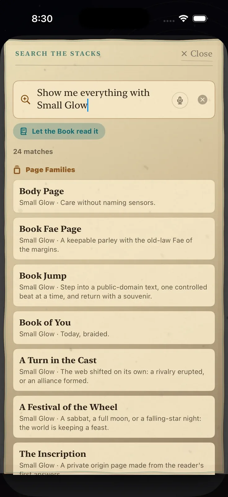 Search results for Small Glow, showing matching Page families