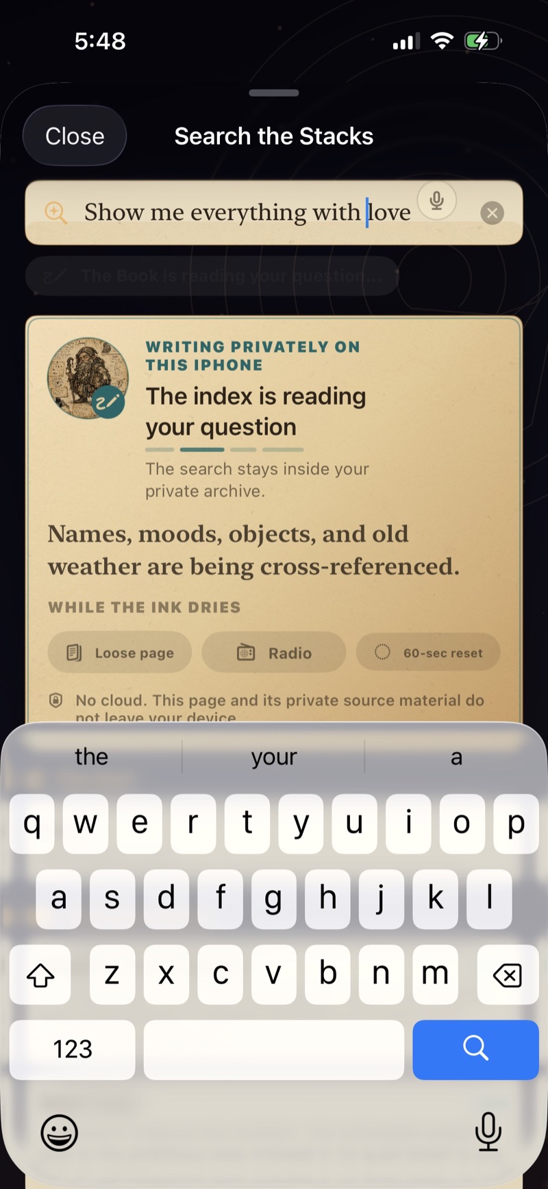 Private on-device reading card while the search index reads a question