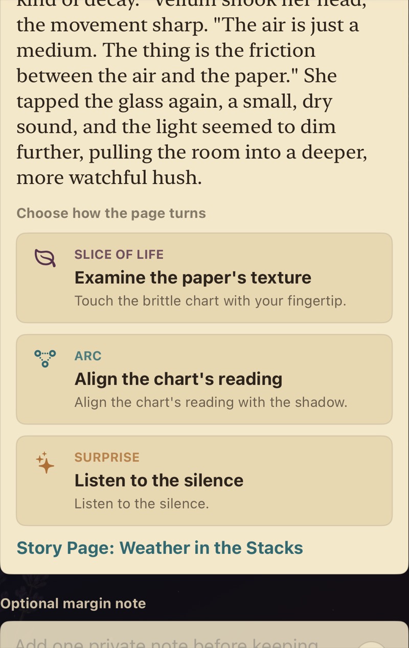 A Story Page showing choices for how the page turns