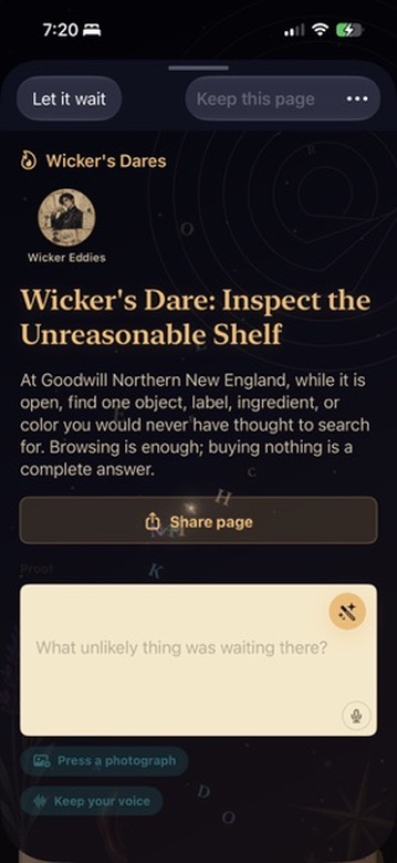 A Wicker Dare asking the reader to inspect an unreasonable shelf